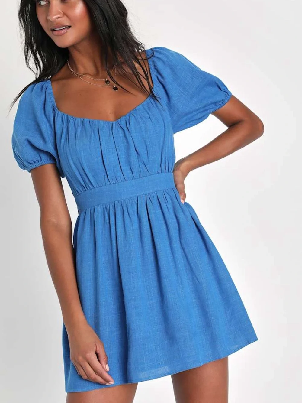 Effortlessly Endearing Blue Puff Sleeve Smocked Mini Dress